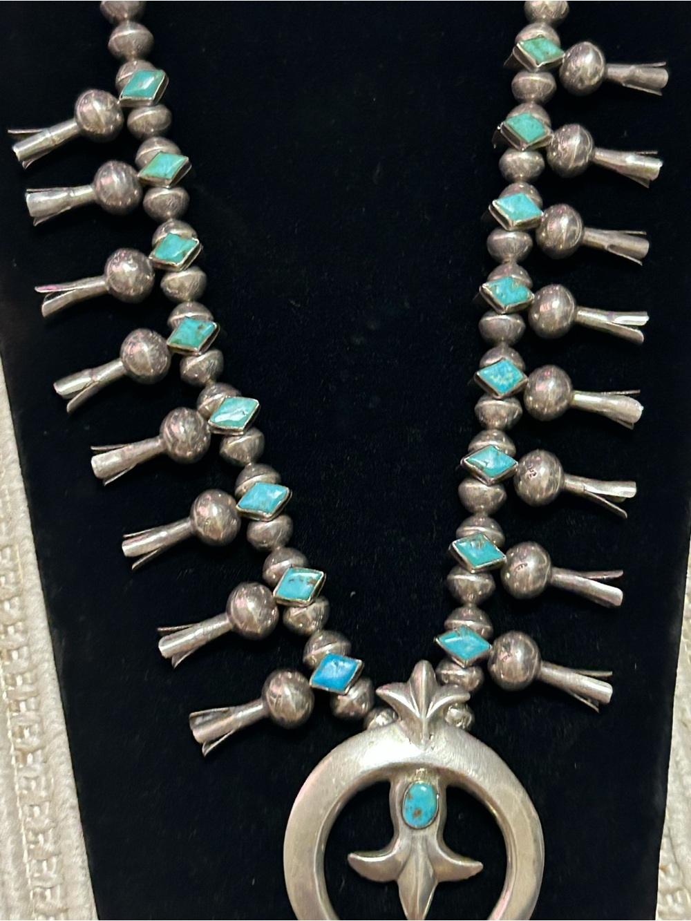 Vintage unisex sterling silver turquoise squash blossoms necklace 24-25” - Picture 5 of 16